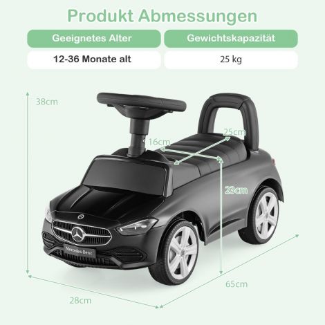 Mercedes-Benzi litsentseeritud sõidumänguasi rooliratta ja panipaigaga lükatav auto must