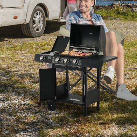 Gaasigrill BBQ grillkäru 3 põletiga ja 1 külgpõletiga, rõhuregulaator ja voolikud, multifunktsionaalne, teras must 110x50x100 cm.