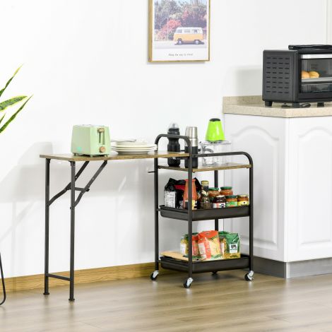 Köögikäru serveerimiskäru kokkupandava lauaplaadi, 2 kandiku, rataste ja reguleeritavate jalapadjanditega kööki ja söögituppa.