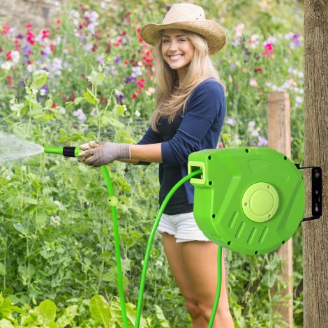 Suruõhu voolikurull 10+1m automaatne vooliku kerija 180° pööratav aia ja töökoja jaoks rohelises.
