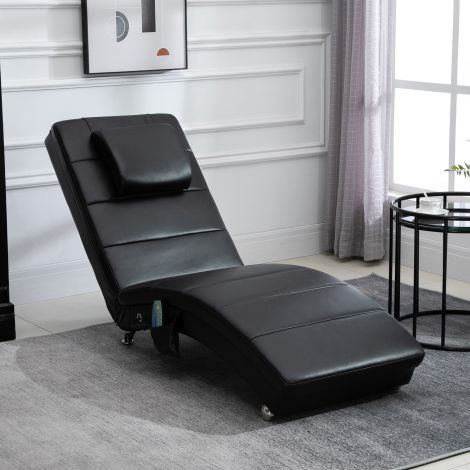 Nahk lamamistool massaažifunktsiooniga, 58 x 163 x 87 cm, kuni 120 kg, 8 massaažipunkti, kaugjuhtimispuldiga kõrge seljatoe padi, must