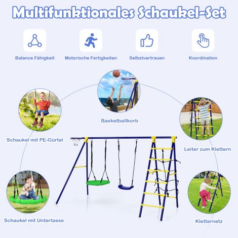 5-ühes kiigekomplekt 2 kiige, korvpallikorvi, ronimisvõrgu ja ronimisredeliga, ronimis- ja kiigekombinatsioon, sinine