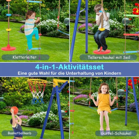 Kiigeraam elastse kiige ja taldrik-kiigega, 246 × 190 × 188 cm, kollane + sinine