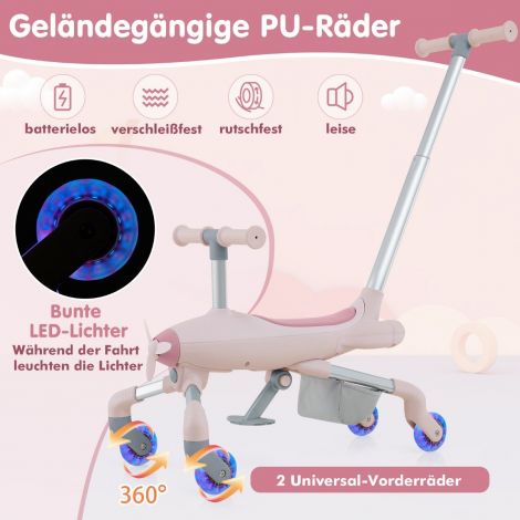 2-in-1 lükatav auto lastele lennukimotiiviga, LED-valgustusega ratastega, kuni 50 kg kandevõimega, roosa