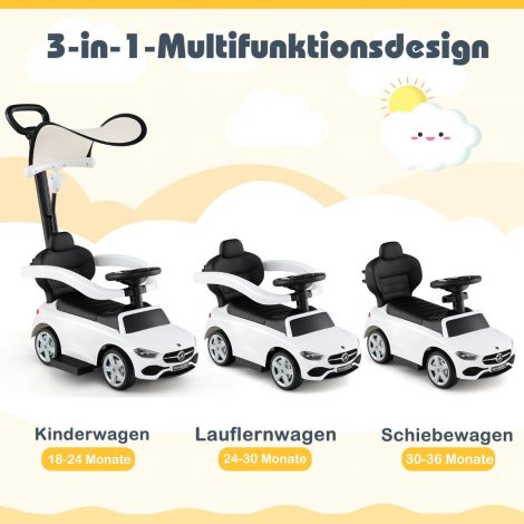 Mercedes-Benz 3-ühes liugauto lükkekäepidemega, tõukeauto lastele alates 1. eluaastast, valge