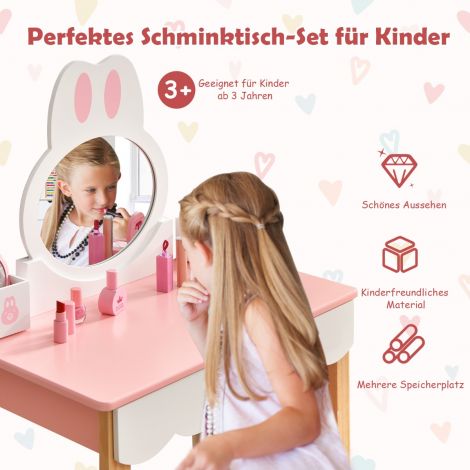 Laste meigilaua ja tabureti komplekt, printsessi tualettlaud 60 × 34 × 103 cm roosa + valge