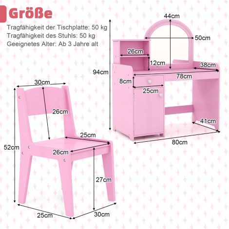 2-ühes laste meigilaua komplekt tabureti, LED-tulede, peegli ja sahtliga, roosa kosmeetikalaud
