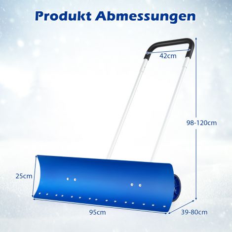 Ratastel lumelabidas, 95 cm kõrgusreguleeritav lumesahk, alumiiniumist lumelükkaja
