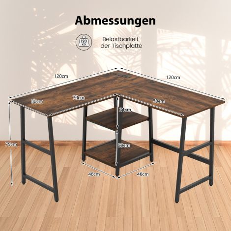 L-kujuline nurgalaud pistikupesade ja USB-pesadega 120 × 120 × 75 cm rustikaalne pruun