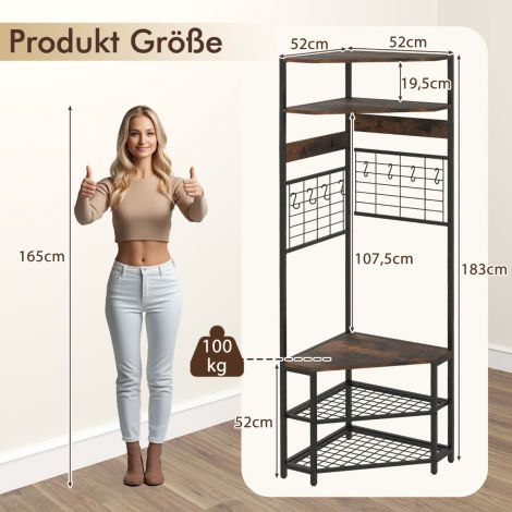 Nurgeline nagi kingapingi ja 12 metallkonksuga, vabaltseisev riidestange, pruun