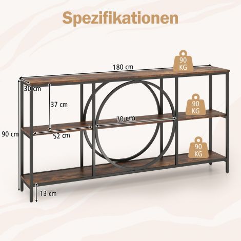 Kolmetasandiline konsoollaud Mid-Century stiilis, tugev metallraamiga esikulaud, pruun