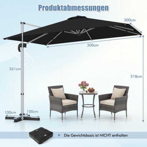 Ristkülikukujuline 300 x 300 cm suur ripptüüpi päikesevari vändaga, must