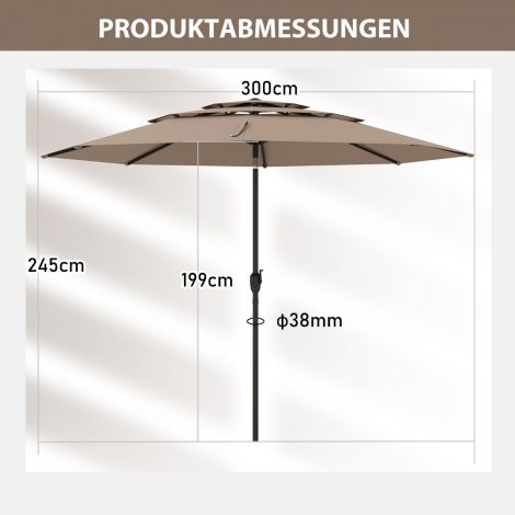 Tuulekindel, stabiilne 300 cm päikesevari vändaga, mõlemalt poolt 30° kallutatav, helepruun