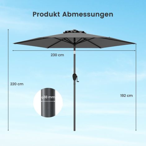 230 cm päikesevari, vändaga aiapäikesevari, mõlemale poole 35° kallutatav, 6 ribiga hall terrassivari