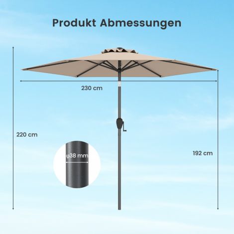 Päikesevari 230 cm, aiavari väntmehhanismiga, mõlemale poole 35° kallutatav, terrassivari 6 ribiga, helepruun