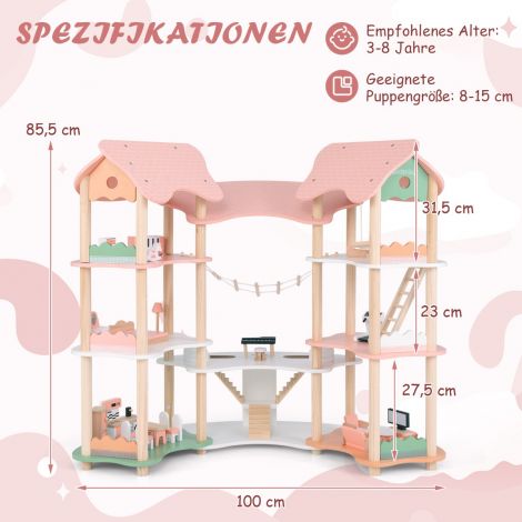 Laste puidust nukumaja 32 realistliku mööblitarvikuga ja katustega DIY unistuste maja
