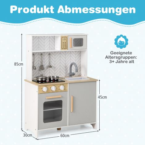 Puidust lastemänguköök mikrolaineahju, pliidi, valamu ja ahjuga, valge