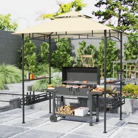 Grillpaviljon 240 x 150 x 257 cm veekindel leegiaeglustav aiamajake topeltkatusega, külgriiulitega, aiapaviljon UV-kaitsega, BBQ paviljon terasest, grillitelk peo BBQ jaoks, beež