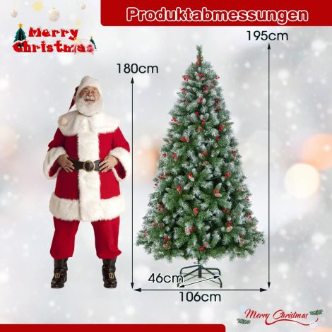 195 cm kunstlik jõulupuu valgustuse, lume, käbide ja punaste marjadega