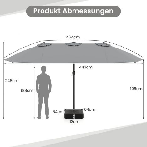Kaheosaline päikesevari alusega, UPF 50+ päikesevari, suur XXL aiavari, turuvari, hall
