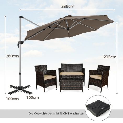 Ø 330 cm päikesevari vändaga & UPF 50+ & 360° pöörlev rippsirm aiaks, pruun