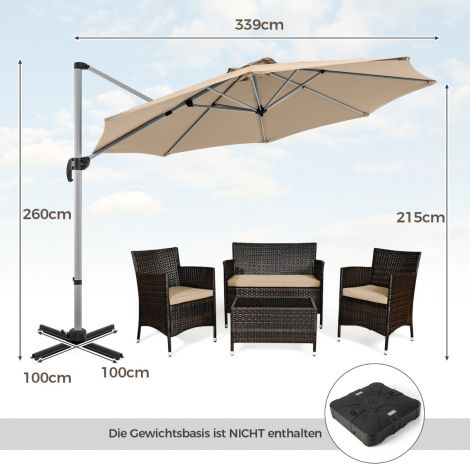 Ø 330 cm päikesevari vändaga, UPF 50+ ja 360° pööratav külgpostiga aedvari, beež