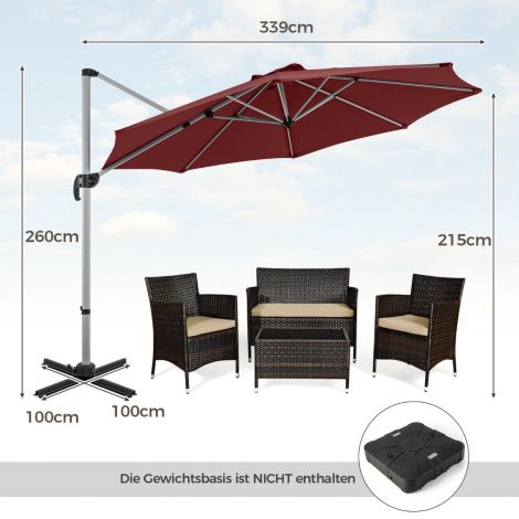 Ø 330 cm päikesevari väntmehhanismiga, UPF 50+, 360° pööratav külgvarda aiapäikesevari, punane