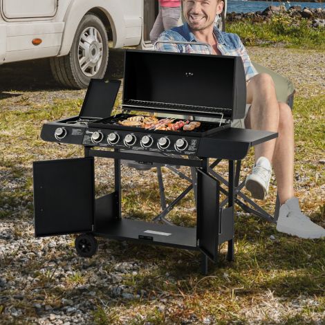 Gaasigrill BBQ grillkäru 6 põletiga 1 külgpõleti kapp multifunktsionaalne metall must 135 x 50 x 100 cm