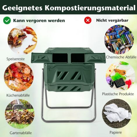 160L trummelkomposter aiakomposter kahekambriline 360° pööratav 70 x 63 x 93 cm roheline