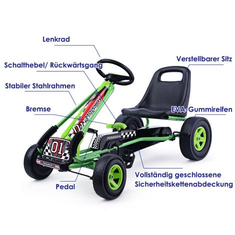 Pedaal-gokart, pedaalidega sõiduauto, lasteauto, pedaalsõiduk, 98 x 59 x 61 cm, roheline + must