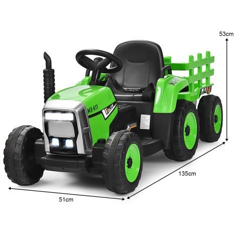 3-käiguline laste 12 V istmetraktor eemaldatava haagisega, LED-tulede, signaali ja USB-funktsioonidega, roheline