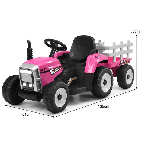 12V laste traktor haagisega elektriline mänguauto 135 x 51 x 53 cm roosa