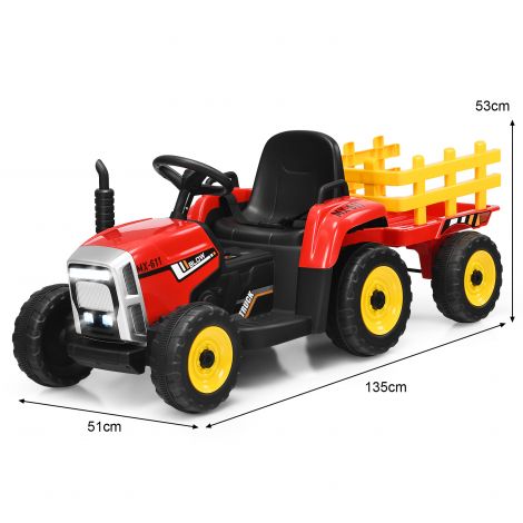 3-käiguline laste 12 V pealeistutav traktor eemaldatava haagisega, punane
