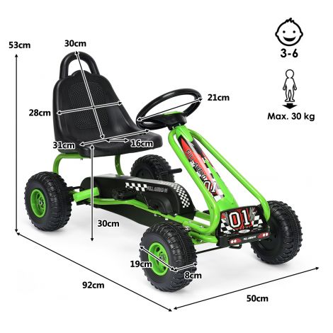 Pedaliga gokart reguleeritava istmega, 4-rattaline pedaalijõul liikuv sõiduk, 92 × 50 × 53 cm, roheline + must