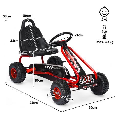 Gokart reguleeritava istme ja käsipiduriga, pedaalauto kuni 30 kg kandevõimega, punane