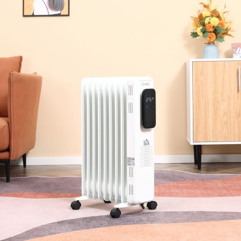 Elektriline õliradiaator 1830-2180W kaasaskantav 3 kütteastet 24-tunni taimer 9 kütteplaati Valge Teras 42,5x24x63cm tõhusaks soojuseks.