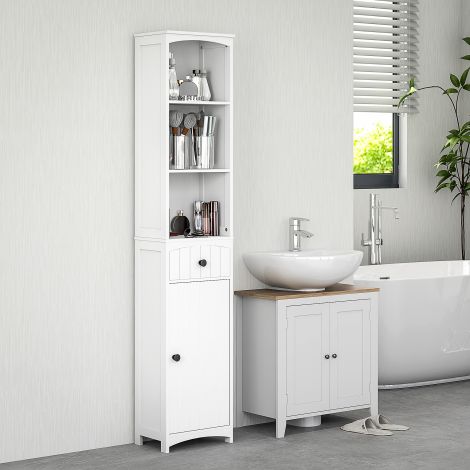 Vannitoakapp kõrge kapp 3 riiuliga, 1 sahtel vannitoakapp vanniriiul vannikapp vannitoamööbel, valge, 34x24x170,5 cm