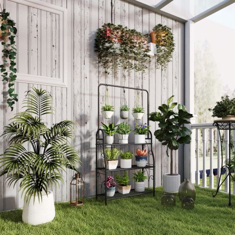 3-korruseline taimealus riputusvarda, konksude, siseruumide lillealuse, metallist taimeriiuli, mitmetasandilise lillealuse, 137 cm kõrge lilletrepi jaoks elutuppa, aeda, rõdule, must