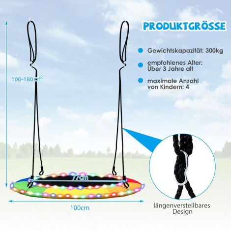 Taldrik-kiik läbimõõduga 100 cm, kandevõime kuni 300 kg, LED-kiik lastele ja täiskasvanutele vikerkaarevärvides
