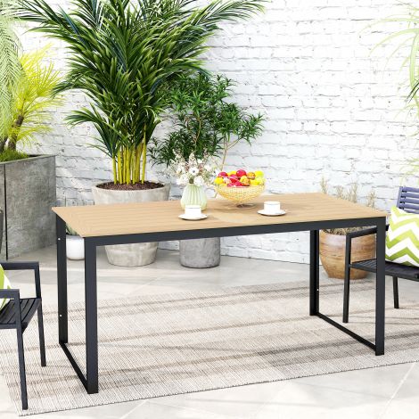 Aialaud 6 inimesele 160 x 80 cm Ilmastikukindel rõdulauaga puiduimitatsiooniga lamellidisain, buffetilaud metallist matkalaud terrassilaud välistingimustes söögilaud aeda, terrassile, rõdule tiikpuu