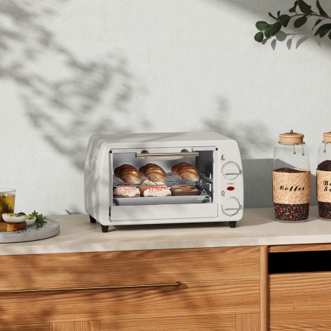 Mini ahju 10 liitrit 750W Väike elektriahi temperatuuriga kuni 230 ℃ Taimer 60 minutit Küpsetusplaat ja rest 36,5x26x22 cm Kreemvalge