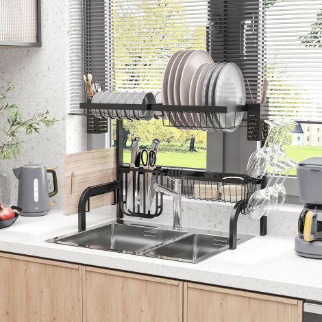Nõude nõrgumisalus, 2-astmeline nõrgumisalus konksudega, taldrikuriiul, tarvikud, 65 cm nõrgumisrest köögivalamule, teras, must
