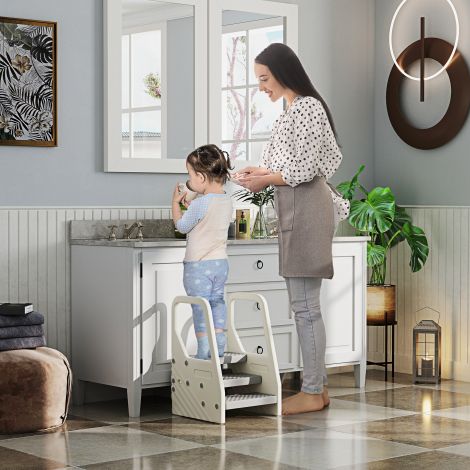 AIYAPLAY kolmetasandiline astmelaud, reguleeritava kõrgusega laste taburet, libisemisvastane WC-jalapink, vannitoa taburet lastele vanuses 2-5 aastat, kandevõime kuni 30 kg, sobib vannituppa, kööki, lastetuppa, hall.