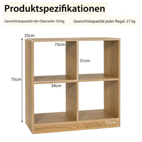 Puidust raamaturiiul, 4-lahtriline kuubikriiul ja ümberkukkumiskaitse, 73 × 33 × 73 cm, naturaalne