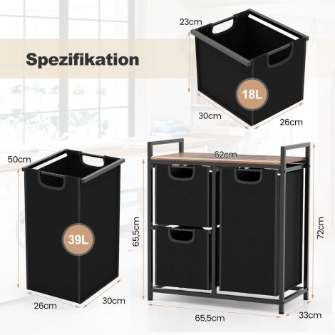 3 sektsiooniga pesukorv riiuliga ja 3 eemaldatava kotiga pesusorteerija 66,5 x 33 x 72 cm