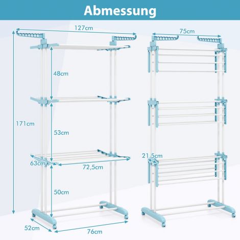 3-astmeline kokkupandav pesukuivatusrest pööratavate külgtiibadega, 127 x 63 x 171 cm, sinine