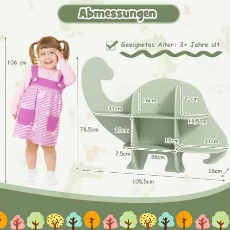 Laste seinaraamatukapp 2 riiuliplaadi ja 6 avatud lahtriga, puidust dinosauruse lasteriiul