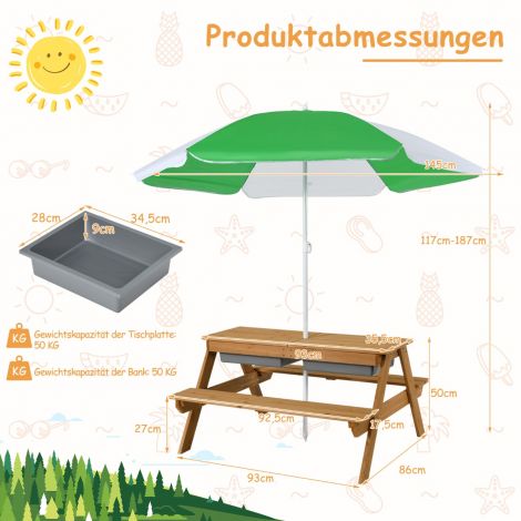 3-ühes piknikulaud õuealale, vee- ja liivalaud mängukastide ning varjuga, naturaalne ja valge