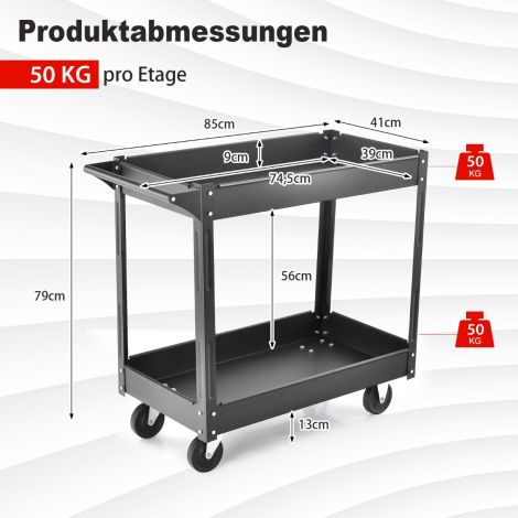 Metallist töökoja rullkäru 2 tasapinna ja käepidemega, mitmeotstarbeline, must