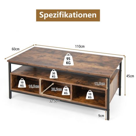 Puidust diivanilaud 3 tasemega, avatud riiuliga elutoalaud, 110 x 60 x 45 cm, industriaalstiilis